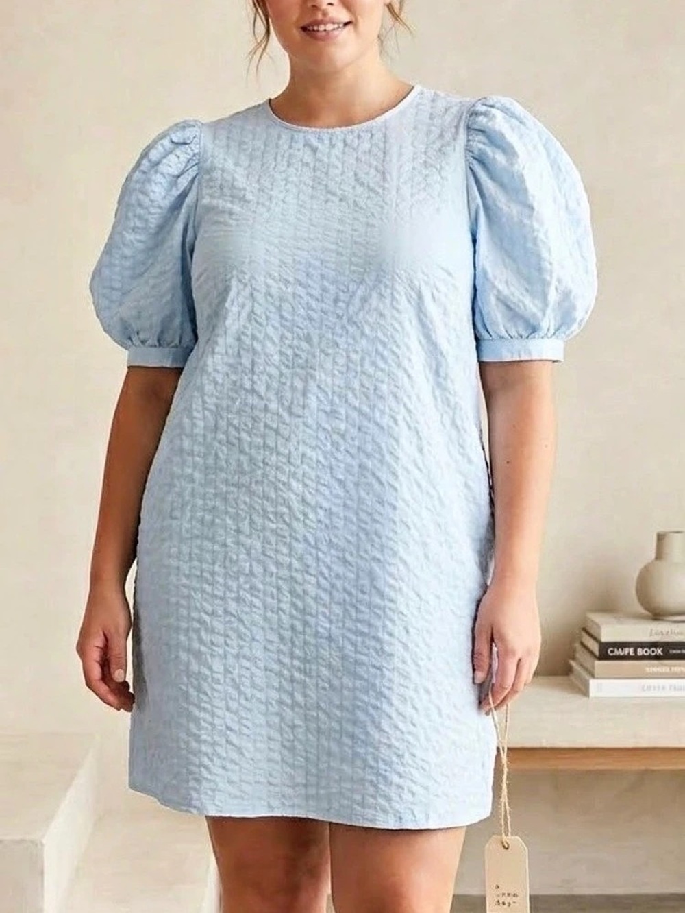A New Day Light Blue Seersucker Puff Sleeve Mini Dress XL